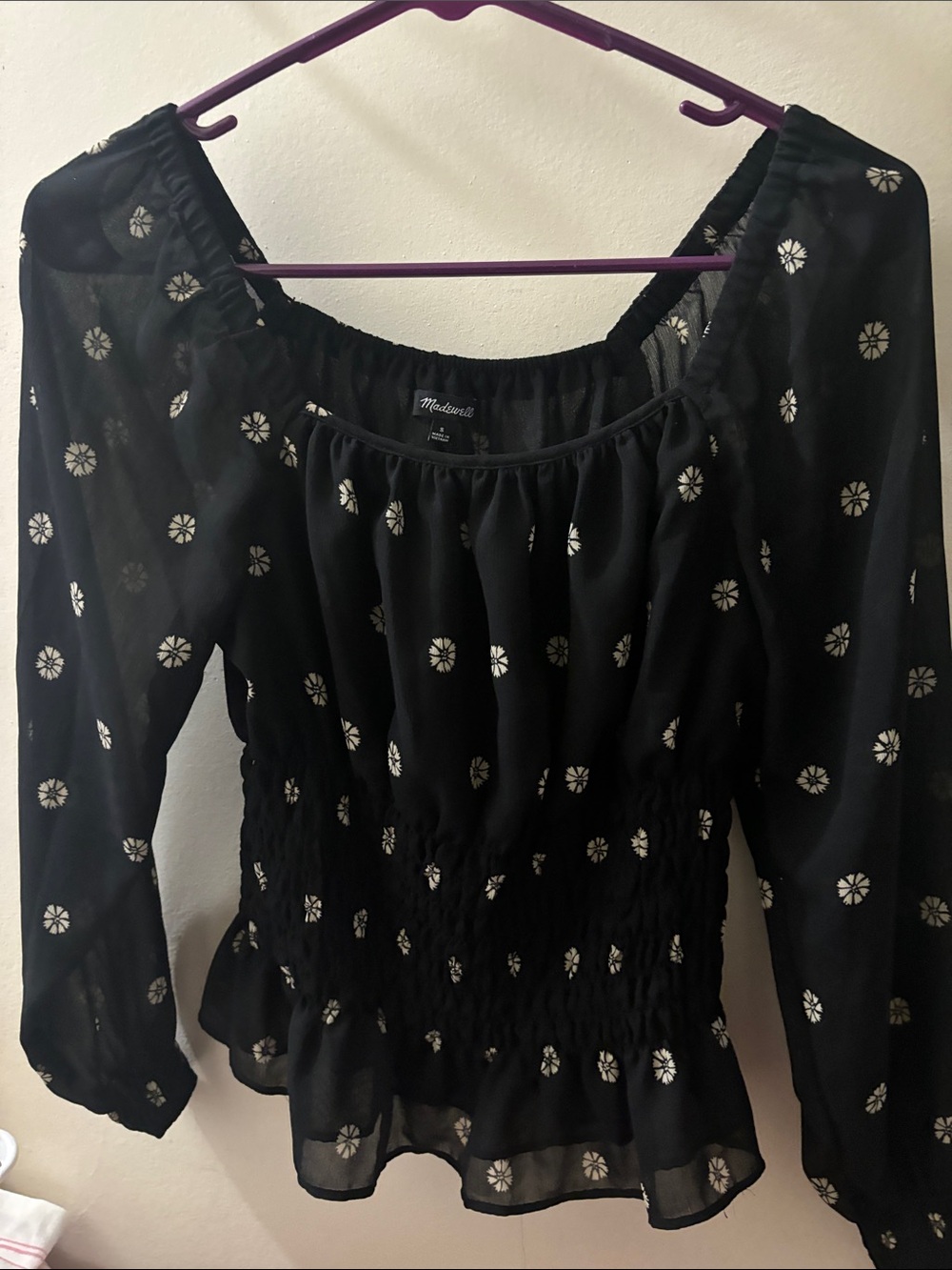 Madewell Black Sheer Blouse with Cream Daisy Motif